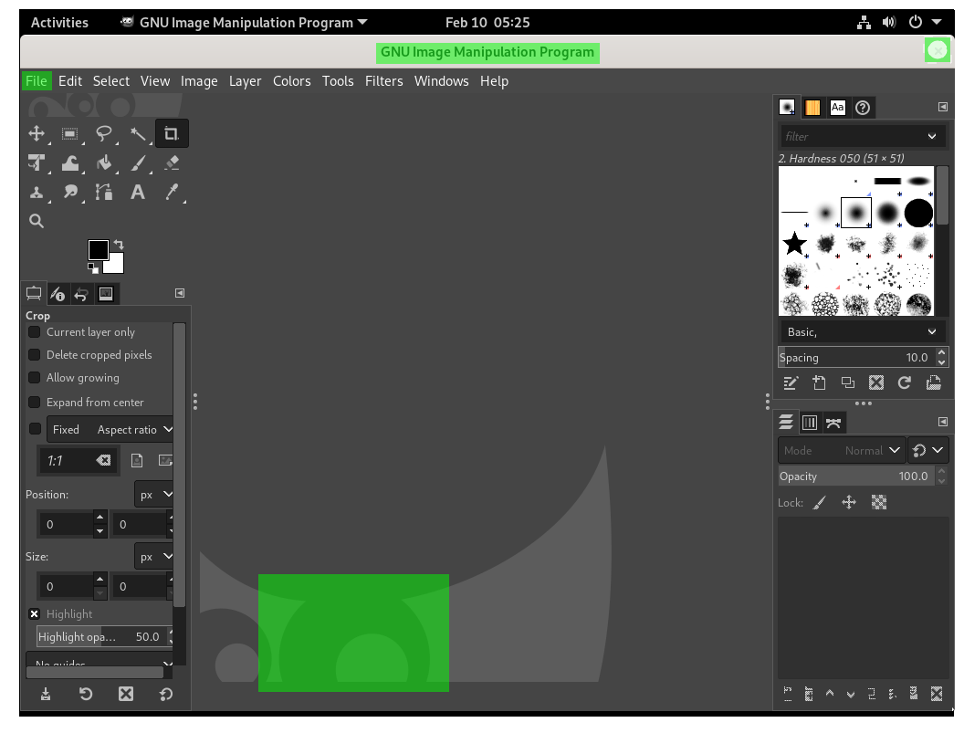 Screenshot of GIMP with three Green boxes. One at the Title bar, one at the File menu and one at the GIMP logo in the drawing area