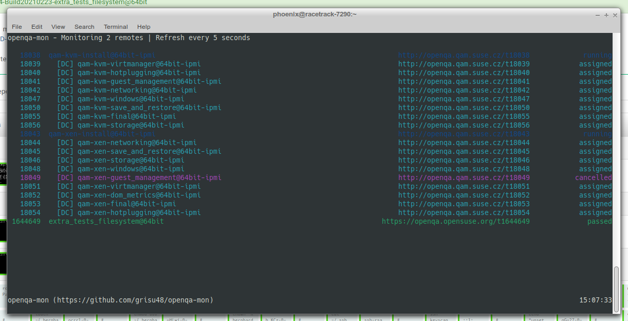Terminal screenshot of openQA showing multiple jobs, one line by line.