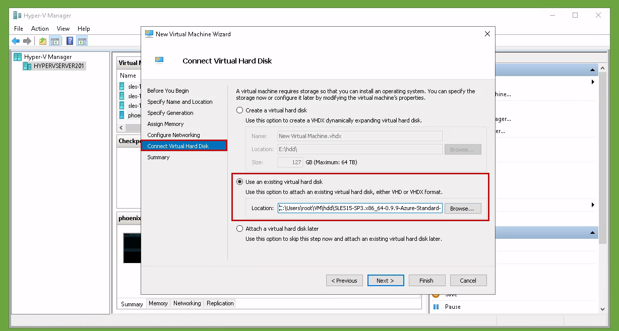 Select the downloaded Azure disk in the Connect Virtual Hard Disk section