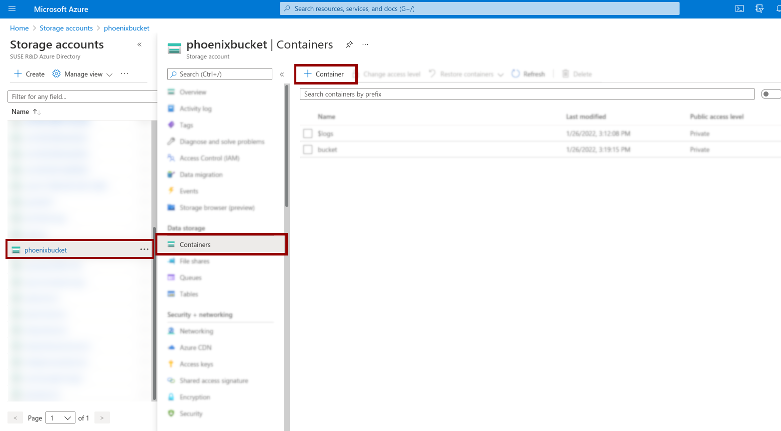Screenshot of the Azure WebUI with highlighted Containers section